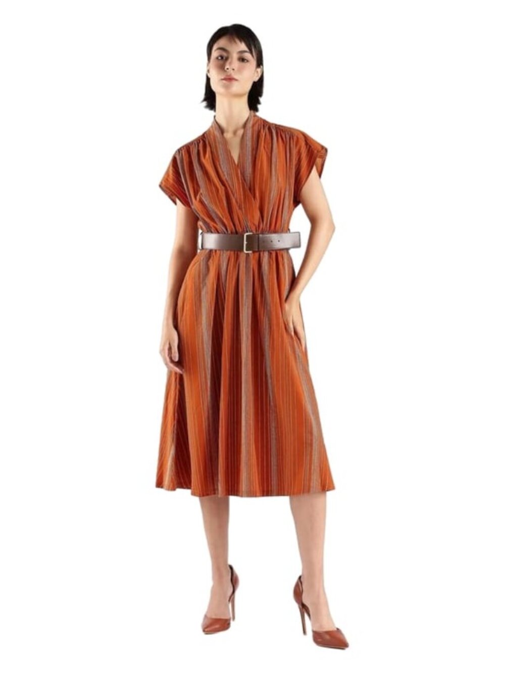 Calvin Klein Women's Belted A-Line Dress Orange Striped